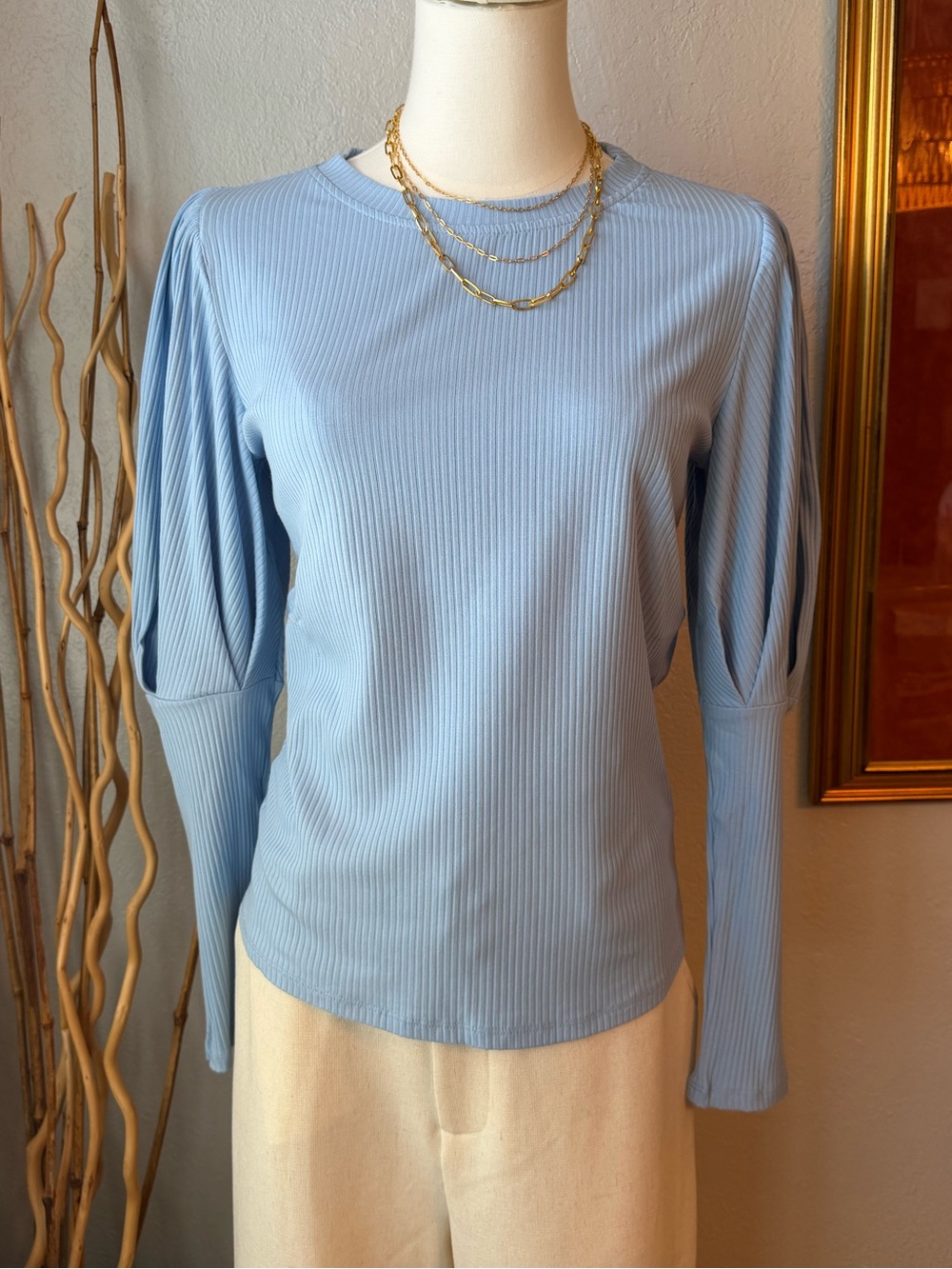 87~ Sugarlips Light Blue Ribbed Puff Sleeve Long Sleeve Top Medium